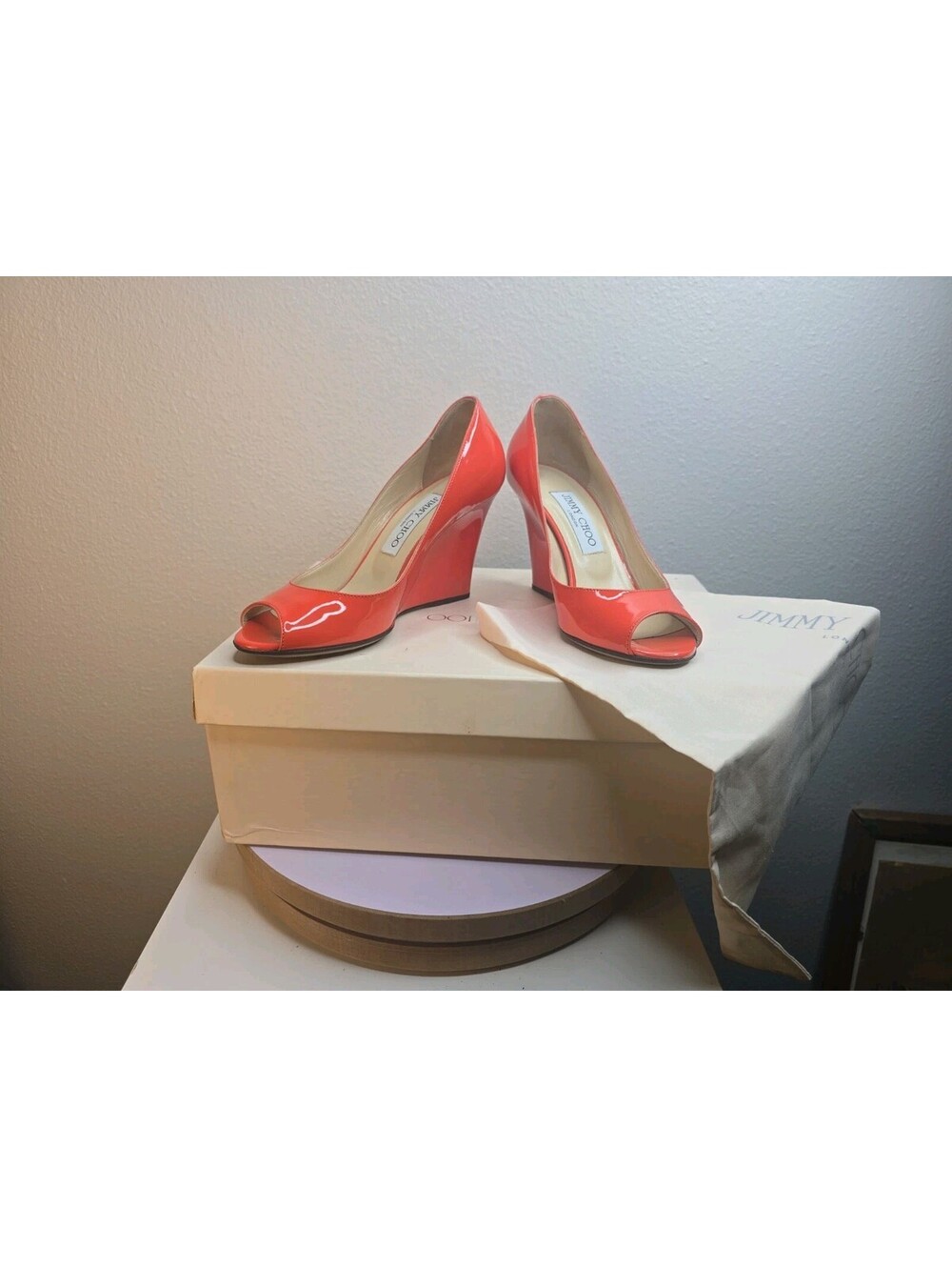 Jimmy Choo "Baxen" Coral Orange Patent Leather Peep Toe Wedge Pumps Size 35.5